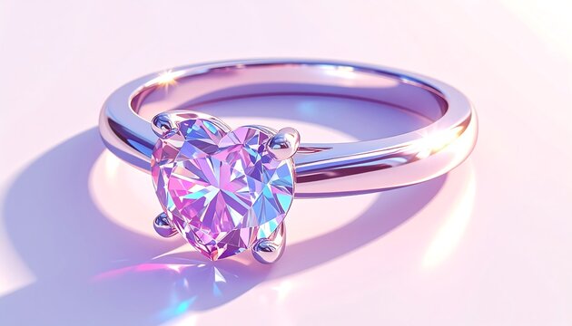 A close-up, idealized render of a solitaire ring featuring a shimmering, heart-shaped gemstone. Soft, diffused lighting creates a beautiful gradient