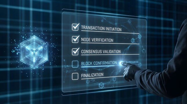 A hand interacts with a futuristic holographic interface displaying blockchain technology concepts like transaction initiation, node verification, and consensus validation.