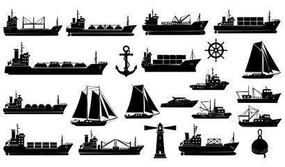 Obraz premium Ships and boats silhouette vector set black maritime water transport icons