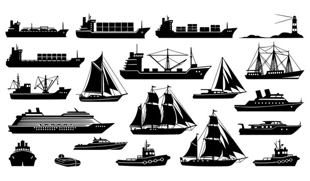 Water transport vector set black silhouette ships boats sea transportation icons