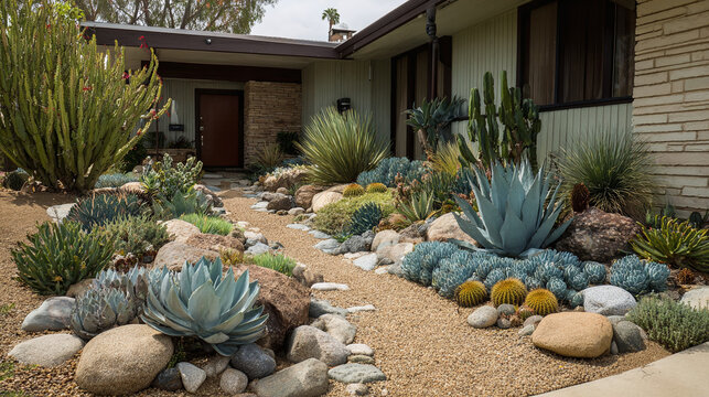 Desert garden landscape design with xeriscape plants. Drought tolerant cacti agaves and succulents grow along gravel path near modern home exterior.