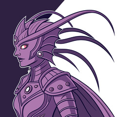 Profile portrait of a fierce purple alien warrior woman with sci fi red eyes science fiction alien queen portrait creature illustration character futuristic guardian powerful stylized © Wow