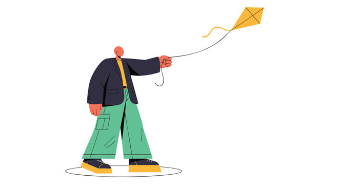 Flat design man flying kite, colorful illustration, playful scene, vector graphics