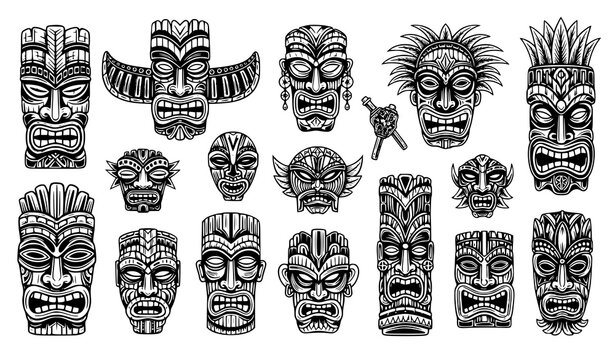 Tribal mask vector set Tiki totem Polynesian voodoo hawaiian ceremonial tattoo