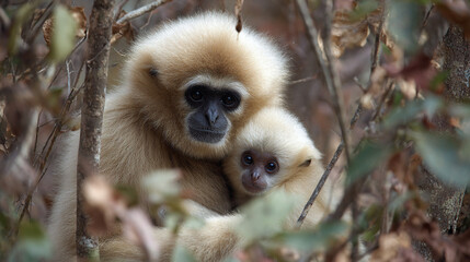 Fototapeta premium Gibbon Mother and Baby in Forest
