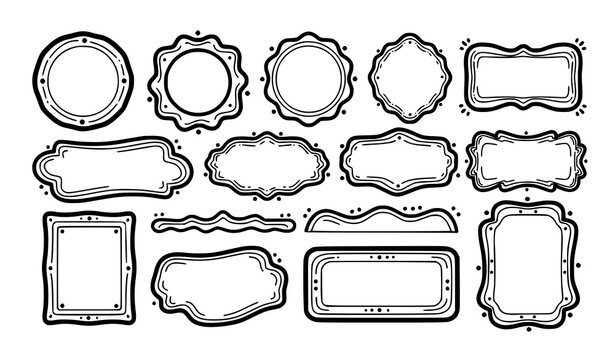 Sticker style decorative wavy frames bold outline circle and rectangle vector set