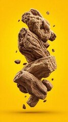 Fototapeta premium Floating wood pieces against a bright yellow background. renewable bioenergy, carbon neutral technology, sustainable energy system