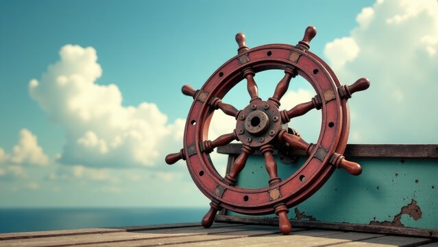 A ship wheel sits atop a worn wooden dock, perfect for adding nautical charm to your design