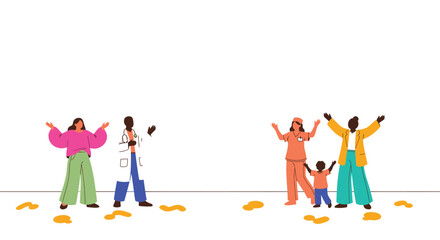 Naklejka premium Diverse people celebrating, happy family raising hands, joyful crowd illustration, colorful vector graphics