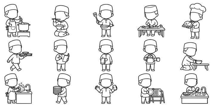 Kids chef cooking activities coloring page faceless illustration character icon set