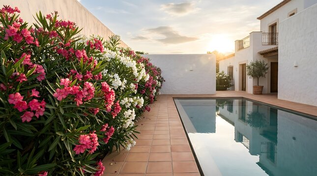 Lush blooming pink and white adelfa oleander bushes growing along a luxury Mediterranean villa infinity pool during golden hour sunlight.