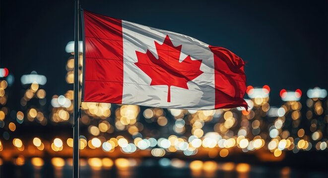 Canadian flag waving proudly against a city lights backdrop