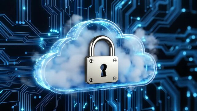 Digital cloud with a padlock symbol against a circuit board background