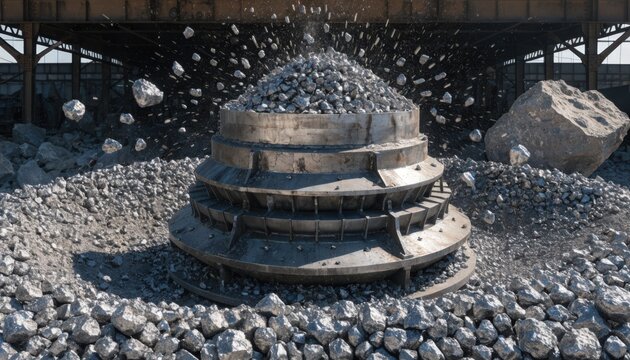 Medium shot capturing a cone crusher at work crushing solidified alloy into uniform lump sizes showcasing the heavy equipment and raw material interaction.