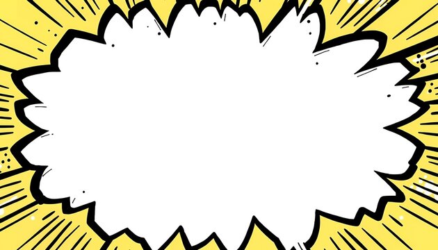 A comic book style speech bubble with a white interior and black outline on a yellow background with lines radiating outward