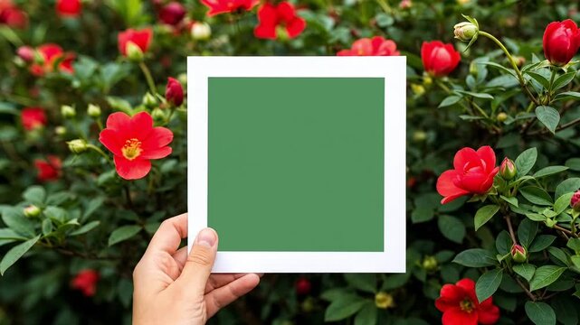 Hand holding a white square frame with green copy space against red flowers