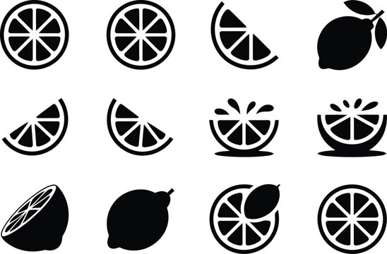 Collection of citrus lemon fruit icons in flat black and white vector style