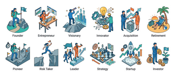 Obraz premium Isometric vector illustrations of business concepts including entrepreneurship, innovation, leadership, and career development.