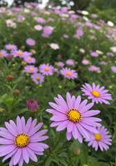 Obraz premium Vibrant purple daisies with yellow centers in a lush green field of flowers on a sunny day outdoors