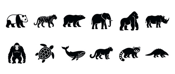 Fototapeta premium Collection of diverse wild animal silhouettes including panda, tiger, elephant, gorilla, rhinoceros, bear, orangutan, turtle, whale, panther, red panda, and pangolin.