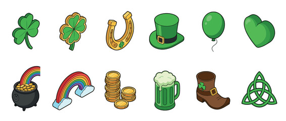 Naklejka premium St. Patrick's Day icons and symbols collection featuring shamrocks, leprechaun hat, pot of gold, and other festive elements in a cartoon style.