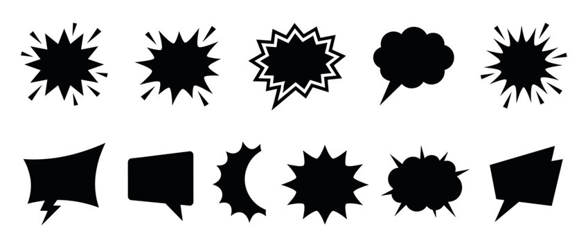 Speech bubbles and comic bursts vector set with various shapes for communication, dialogue, and emphasis in graphic design.