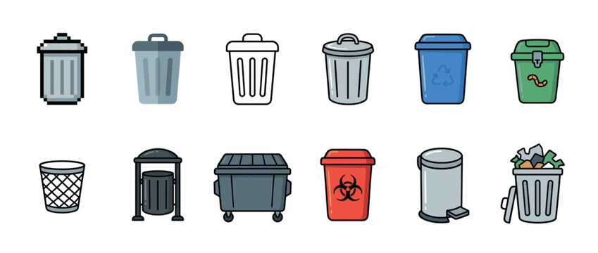 Collection of various trash cans, waste bins, and recycling containers for waste management and disposal concepts.