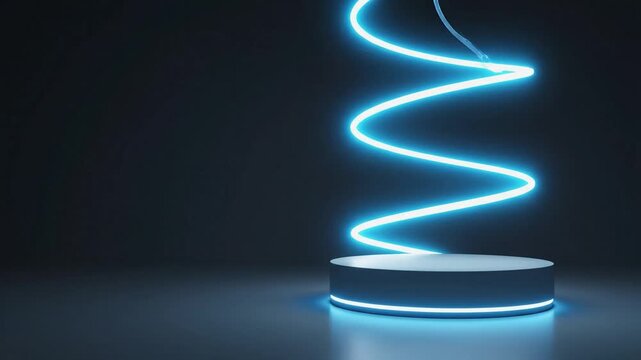 Blue neon light spirals above circular platform in dark studio setting, glowing effect visible