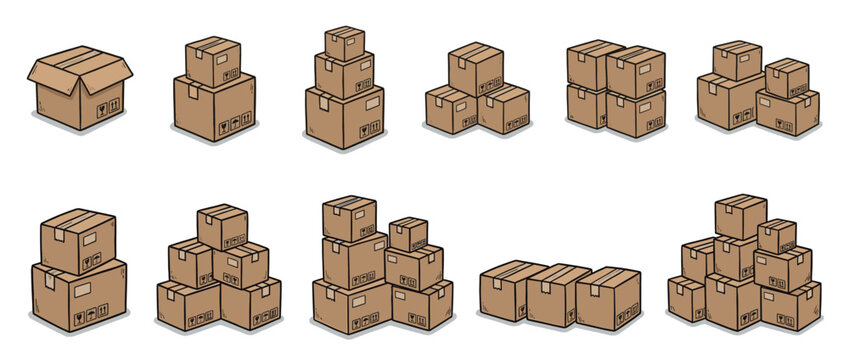 Cardboard boxes in various arrangements, stacked and grouped, illustrating concepts of shipping, delivery, moving, and packaging in a cartoon style.