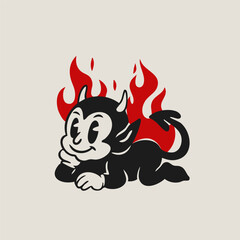 Cute little horned Devil. Funny black character with fire, flame. Hand drawn Vector illustration. Halloween, vintage style. Retro cartoon mascot. Isolated design element. Sticker, logo, print template