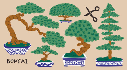 Set of various Bonsai trees. Various small decorative trees in pots. Traditional Japanese plants, oriental garden art. Little potted decorative houseplants. Hand drawn trendy Vector illustration
