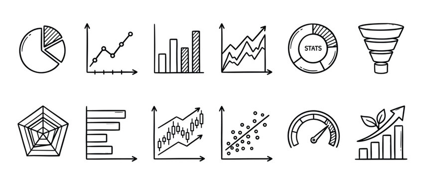 Hand drawn business charts and graphs doodle set for data analysis, financial reporting, and statistical visualization.