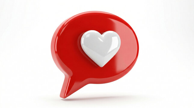 Red speech bubble with white heart icon social media white background three dimensional communication feedback appreciation valentine relationship positive connection notification isolated