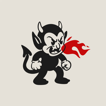 Cute little horned Devil. Black evil character breathing fire. Hand drawn Vector illustration. Halloween, vintage style. Retro cartoon mascot. Isolated design element. Sticker, logo, print template