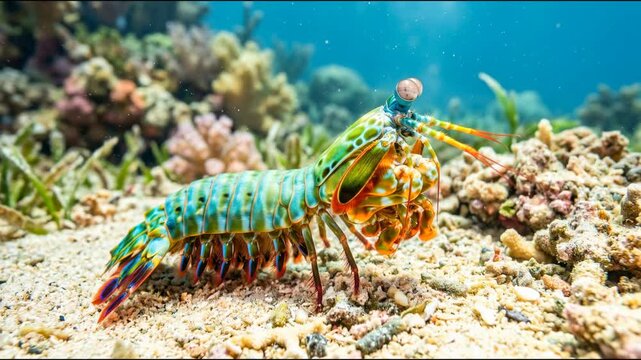 Peacock mantis shrimp walking on sandy seafloor near coral reef  