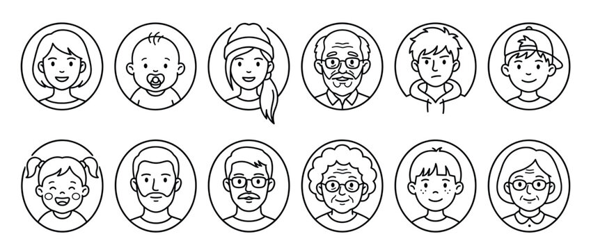 Diverse collection of line art avatars depicting people of various ages and genders, representing different generations and family members.