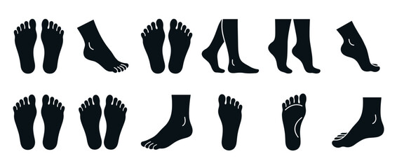 Naklejka premium Human feet and legs in various poses and angles, depicted as black silhouettes for anatomical and medical illustrations.