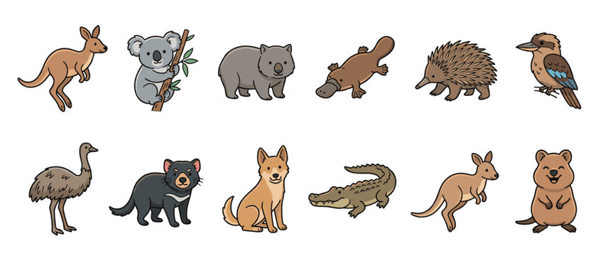 Australian animals cartoon collection featuring various native wildlife species like kangaroos, koalas, wombats, and platypuses in a cute illustration style.