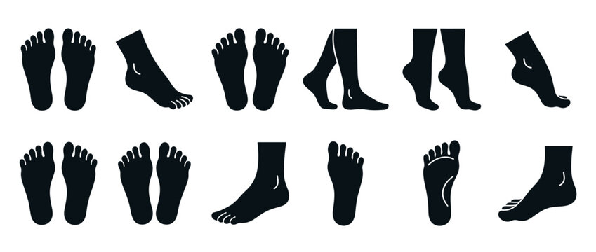 Human feet and legs in various poses and angles, depicted as black silhouettes for anatomical and medical illustrations.
