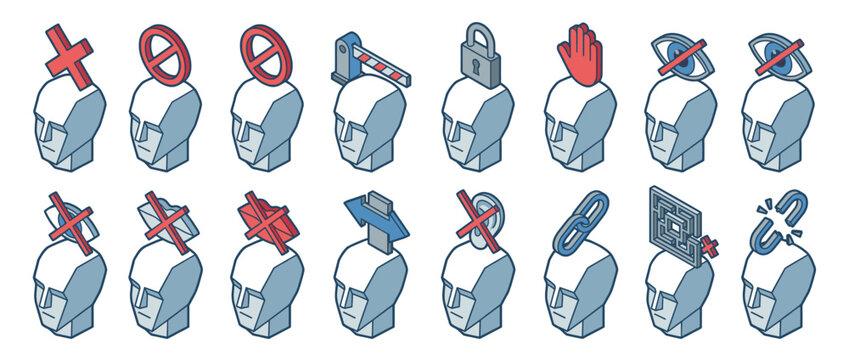 Human heads with various symbols representing mental blocks, restrictions, and cognitive limitations in an isometric illustration.