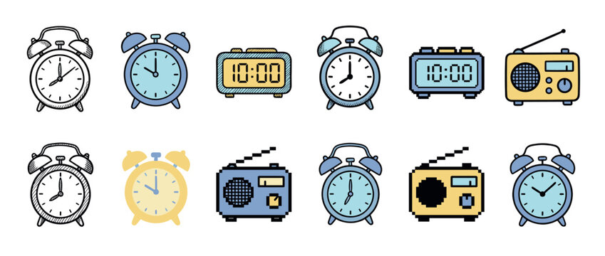 Various alarm clocks and radios in different styles including hand-drawn, flat, and pixel art illustrations for time and sound concepts.