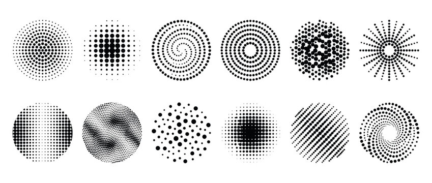 Abstract halftone dot patterns and geometric circular shapes create a diverse collection of modern design elements.