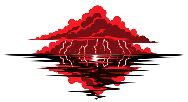 A dramatic vector graphic illustration of a red storm cloud with lightning over water