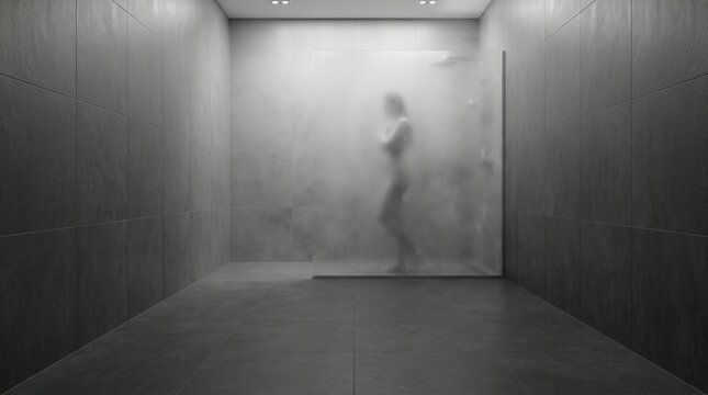 Empty Minimalist Shower Room with Steam-Filled Air and Faint Female Silhouette