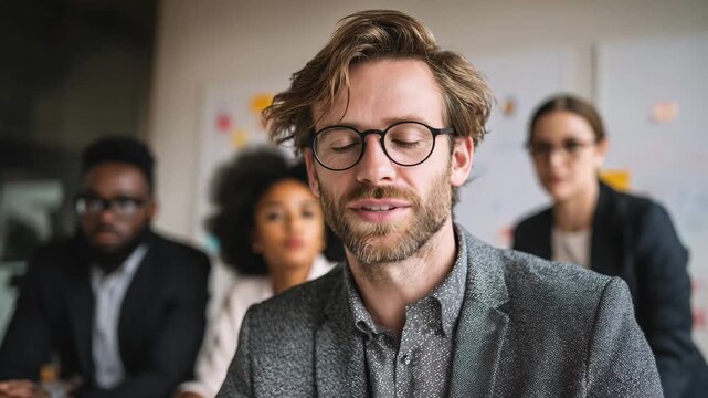 Professional man speaking during a team meeting with diverse colleagues in a modern office setting