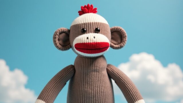A colorful sock monkey wearing a bright red bow on its head