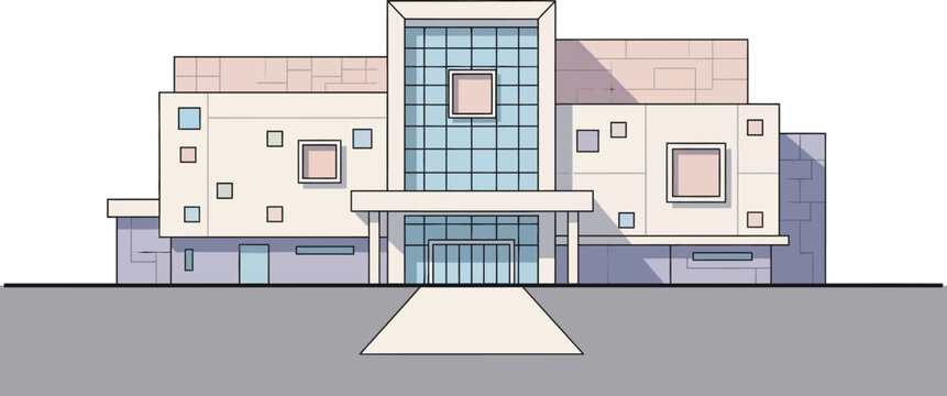 Modern Cinema Building Vector Illustration Front View Elevation with Clean Flat Design and Soft Pastel Palette
