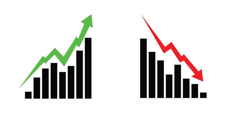 Growth and decline bar chart icon set with upward and downward arrows