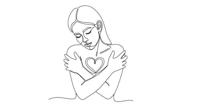 Woman hugging herself with heart line art with self love