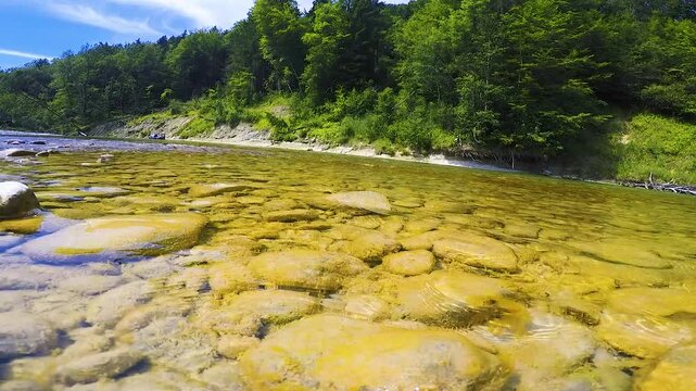 Schlauchboot f&auml;hrt an Flussufer mit klarem Wasser und Steinen vorbei, sommerliche Rafting Szene mit Waldkulisse in Full HD